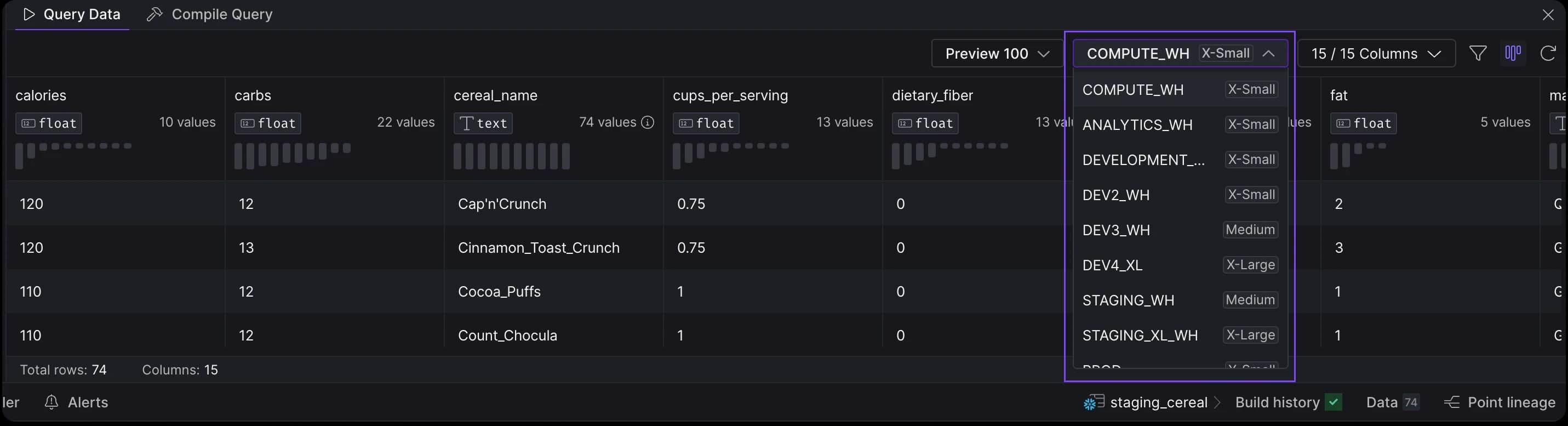 Select warehouse to use when previewing data.