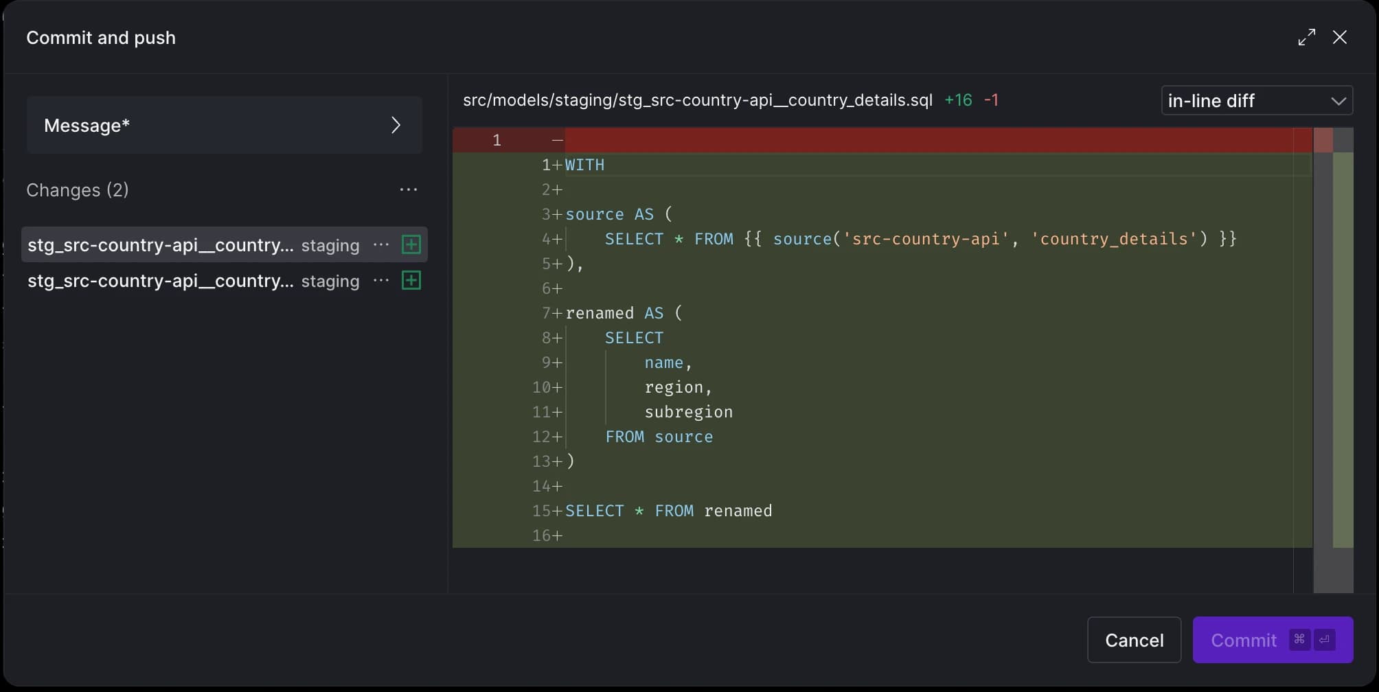 Committing the 5 generated staging models.