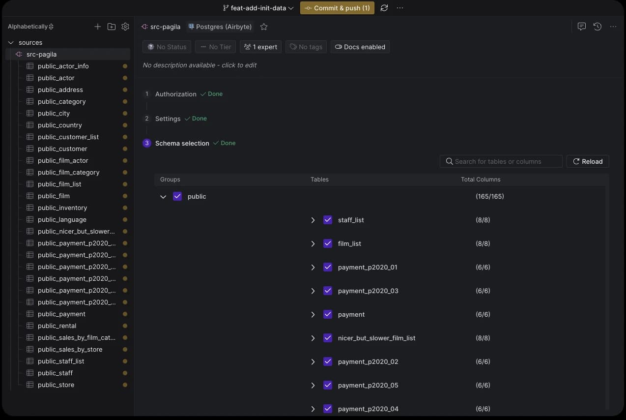 Seeing the list of tables and columns from the Postgres database.