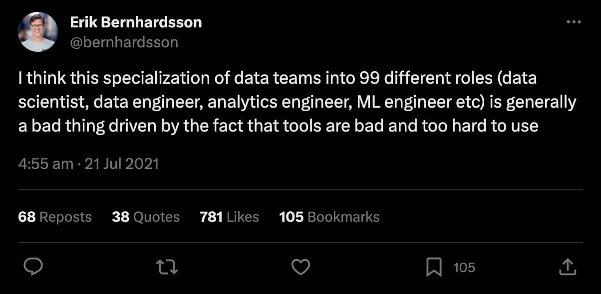 Erik Bernhardsson's tweet about the pitfalls of excessive specialization.