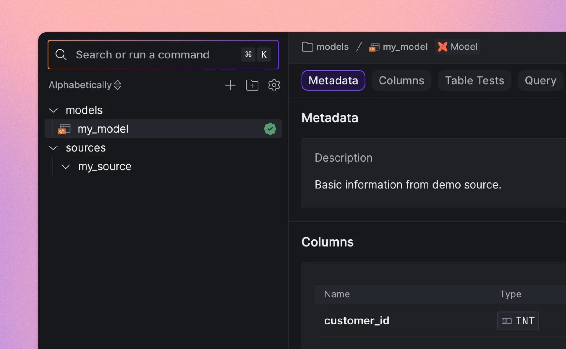 dbt model viewed in Data Catalog mode.