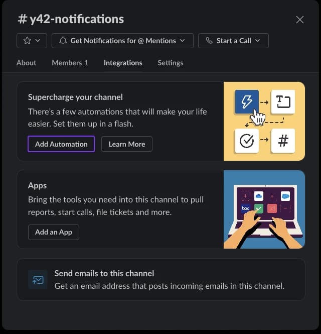 Slack integrations settings.