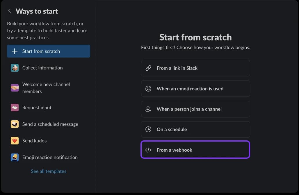 Slack integration webhook configuration.