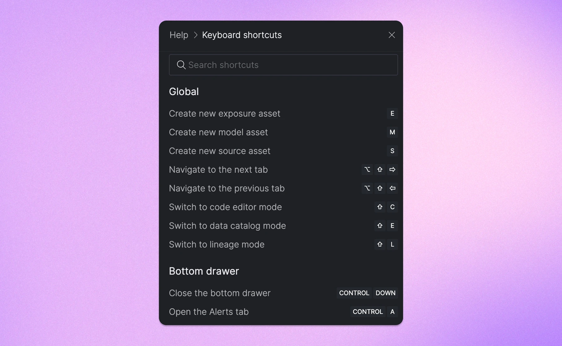 Keyboard shortcuts in the help drawer